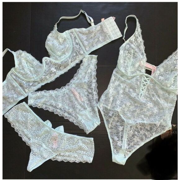Victoria's Secret longline unlined 36DD BRA SET+XL TEDDY AQUA blue mint lace
